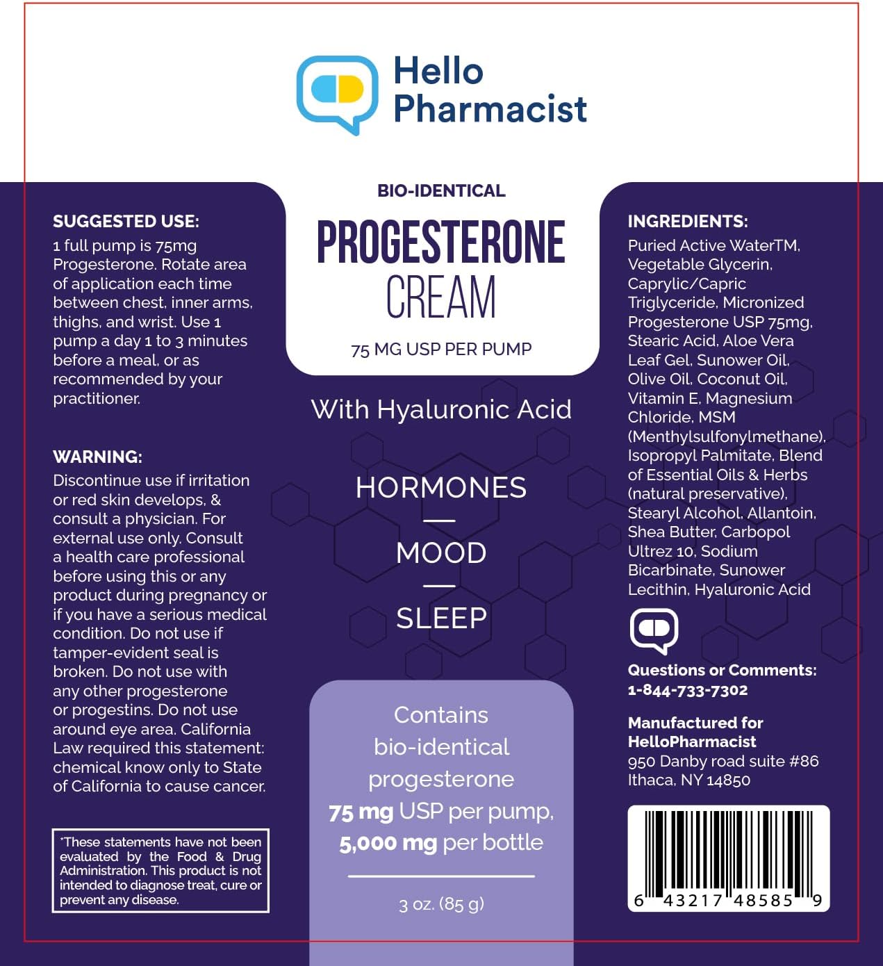HelloPharmacist Bio-Identical Progesterone Cream - Maximum Strength 5,000mg with Hyaluronic Acid and Moisturizers - 75mg USP Per Pump - Fragrance-Free