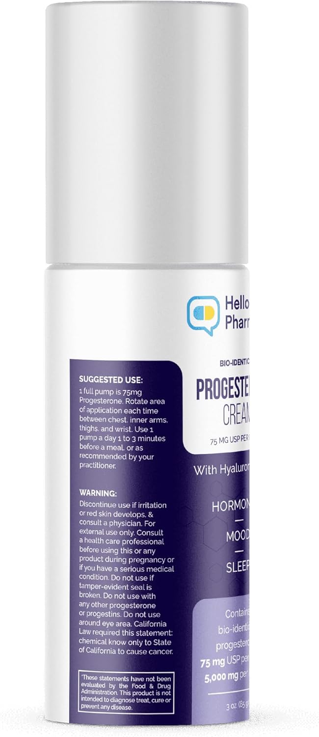 HelloPharmacist Bio-Identical Progesterone Cream - Maximum Strength 5,000mg with Hyaluronic Acid and Moisturizers - 75mg USP Per Pump - Fragrance-Free