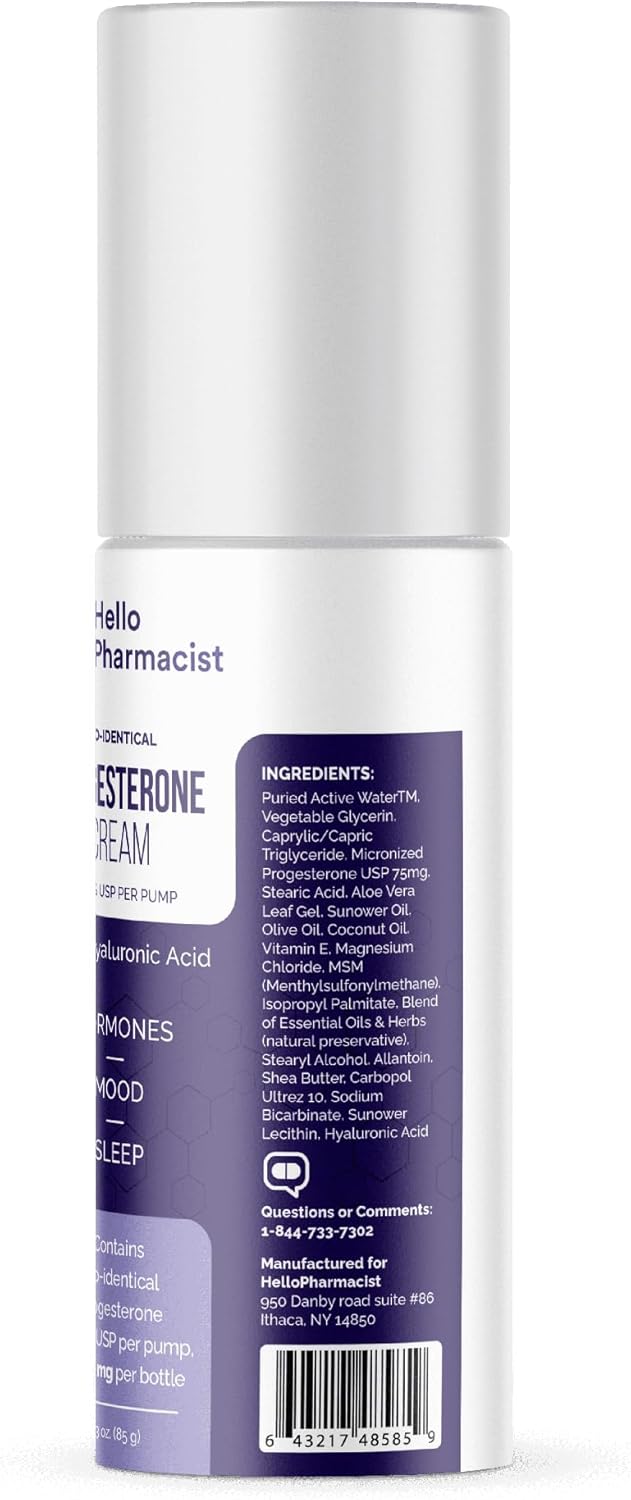 HelloPharmacist Bio-Identical Progesterone Cream - Maximum Strength 5,000mg with Hyaluronic Acid and Moisturizers - 75mg USP Per Pump - Fragrance-Free