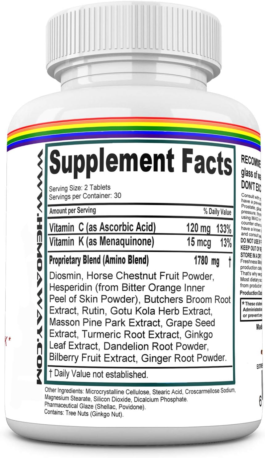 HemoAway Natural Hemorrhoid Vitamins for Piles & Anal Fissure Relief - 60 Tablets