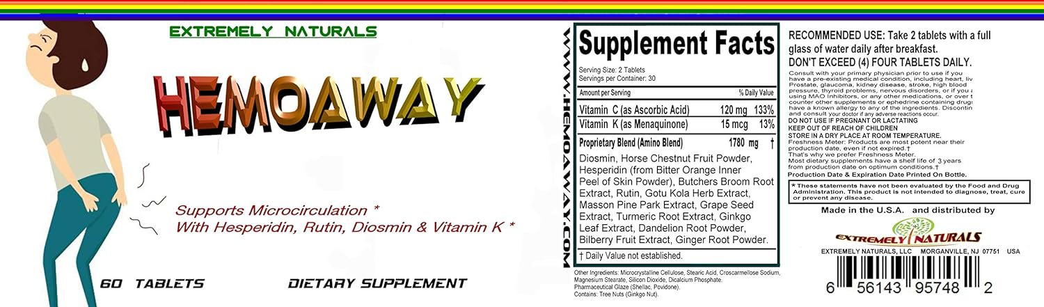 HemoAway Natural Hemorrhoid Vitamins for Piles & Anal Fissure Relief - 60 Tablets