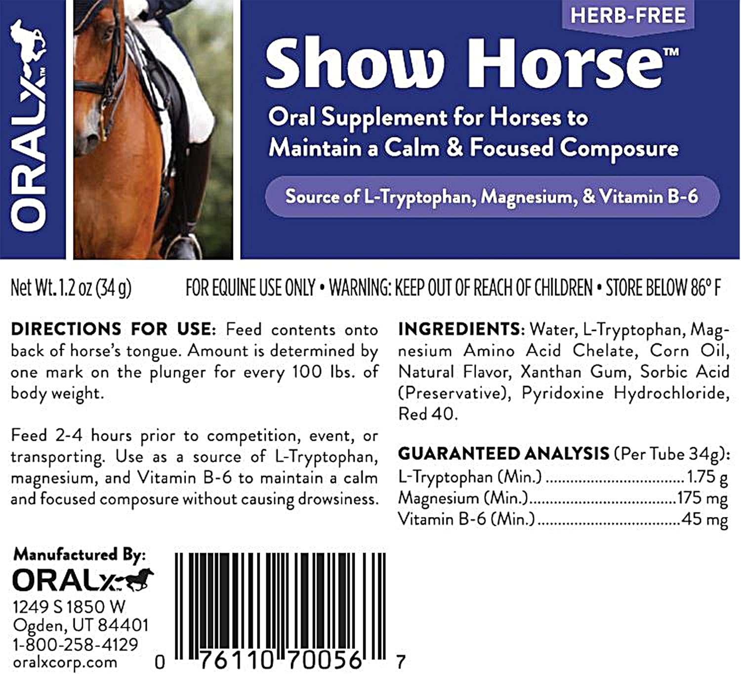 Herb-Free Calming Paste for Show Horses - L-Tryptophan, Vitamins & Minerals - 1.2 Oz Easy-Dose Syringe - USA-Made