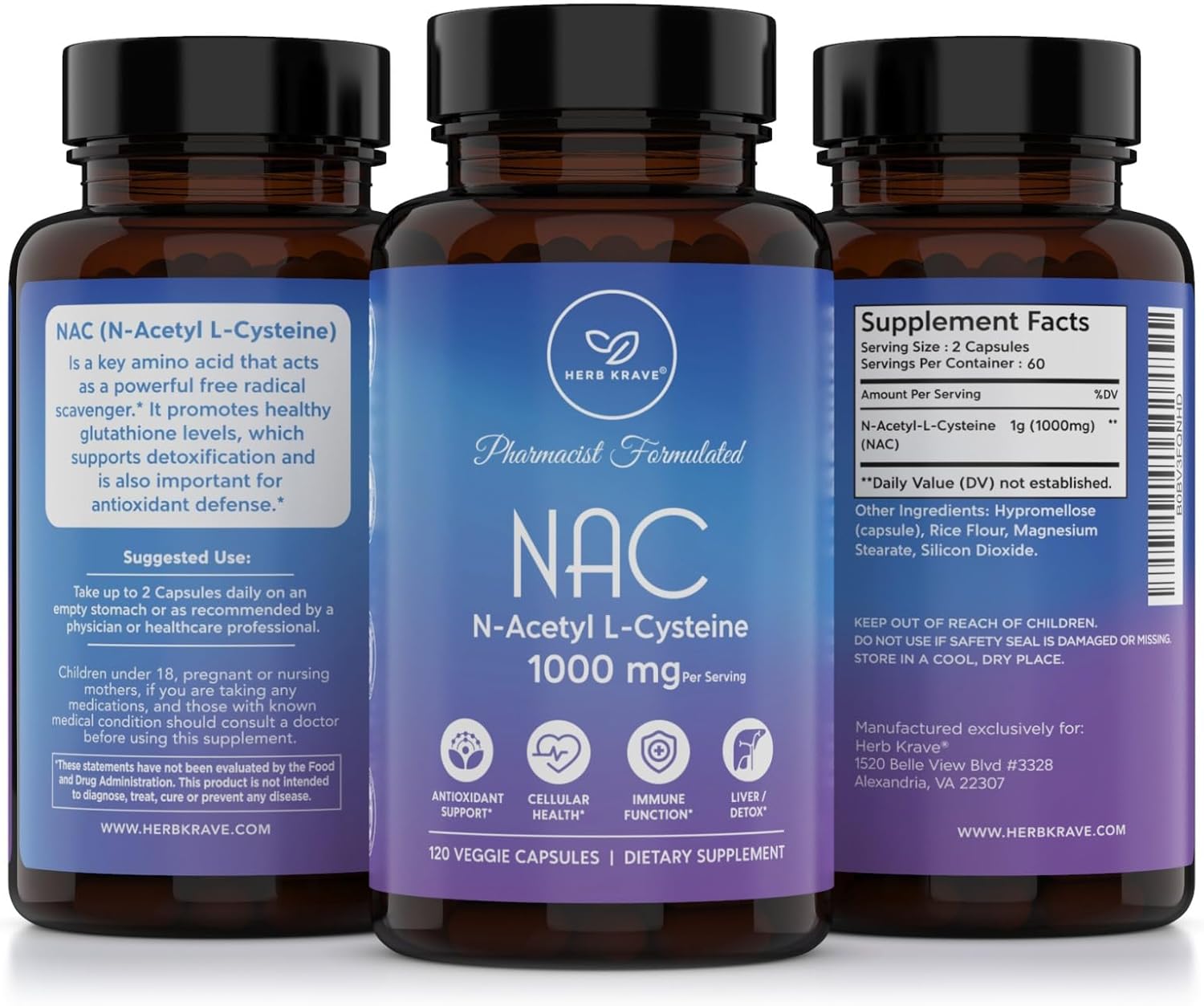 Herb Krave NAC Supplement 1000mg Capsules - Liver, Lung, Immune System Support - Natural Antioxidant for Fertility - 120 N-Acetyl-L-Cysteine Capsules