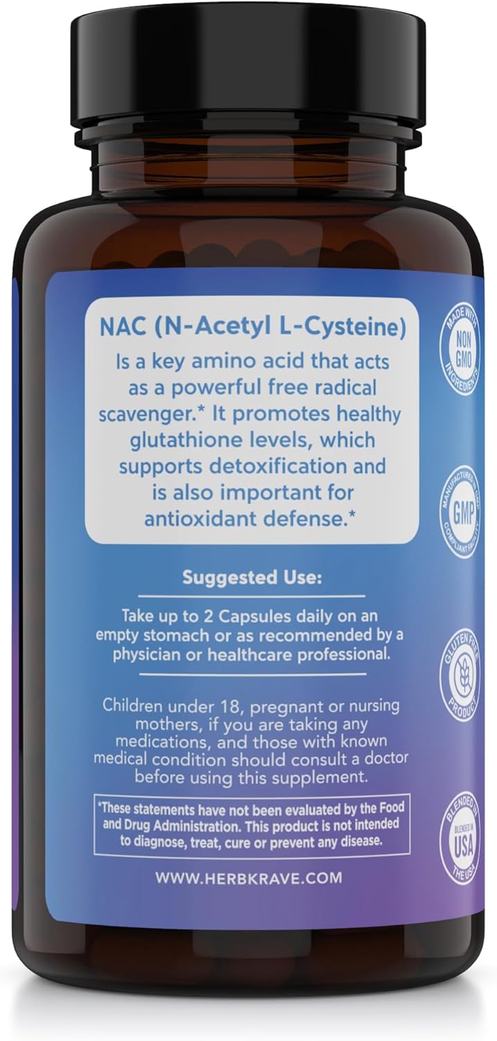 Herb Krave NAC Supplement 1000mg Capsules - Liver, Lung, Immune System Support - Natural Antioxidant for Fertility - 120 N-Acetyl-L-Cysteine Capsules