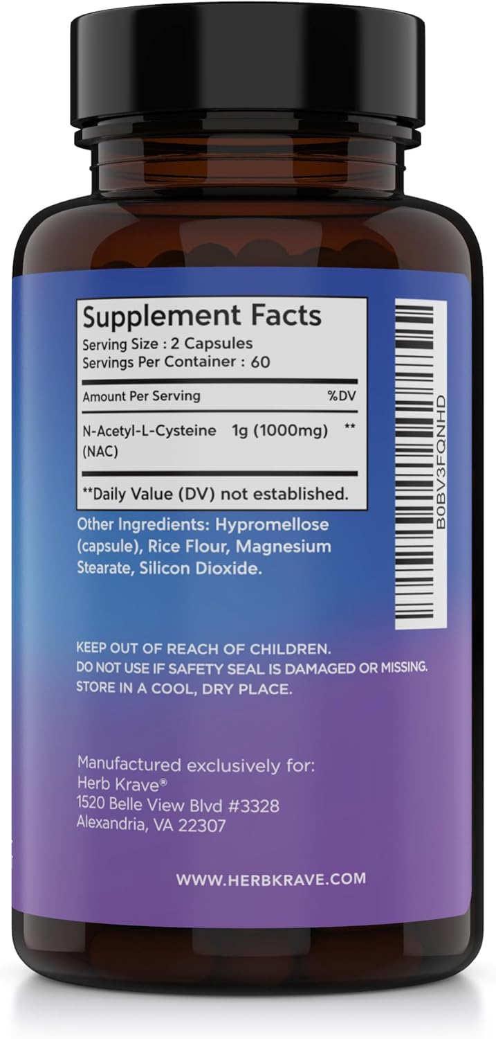 Herb Krave NAC Supplement 1000mg Capsules - Liver, Lung, Immune System Support - Natural Antioxidant for Fertility - 120 N-Acetyl-L-Cysteine Capsules