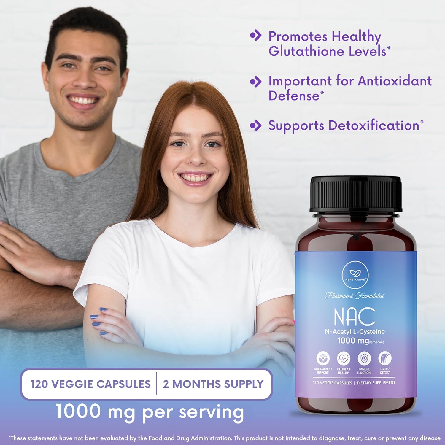 Herb Krave NAC Supplement 1000mg Capsules - Liver, Lung, Immune System Support - Natural Antioxidant for Fertility - 120 N-Acetyl-L-Cysteine Capsules