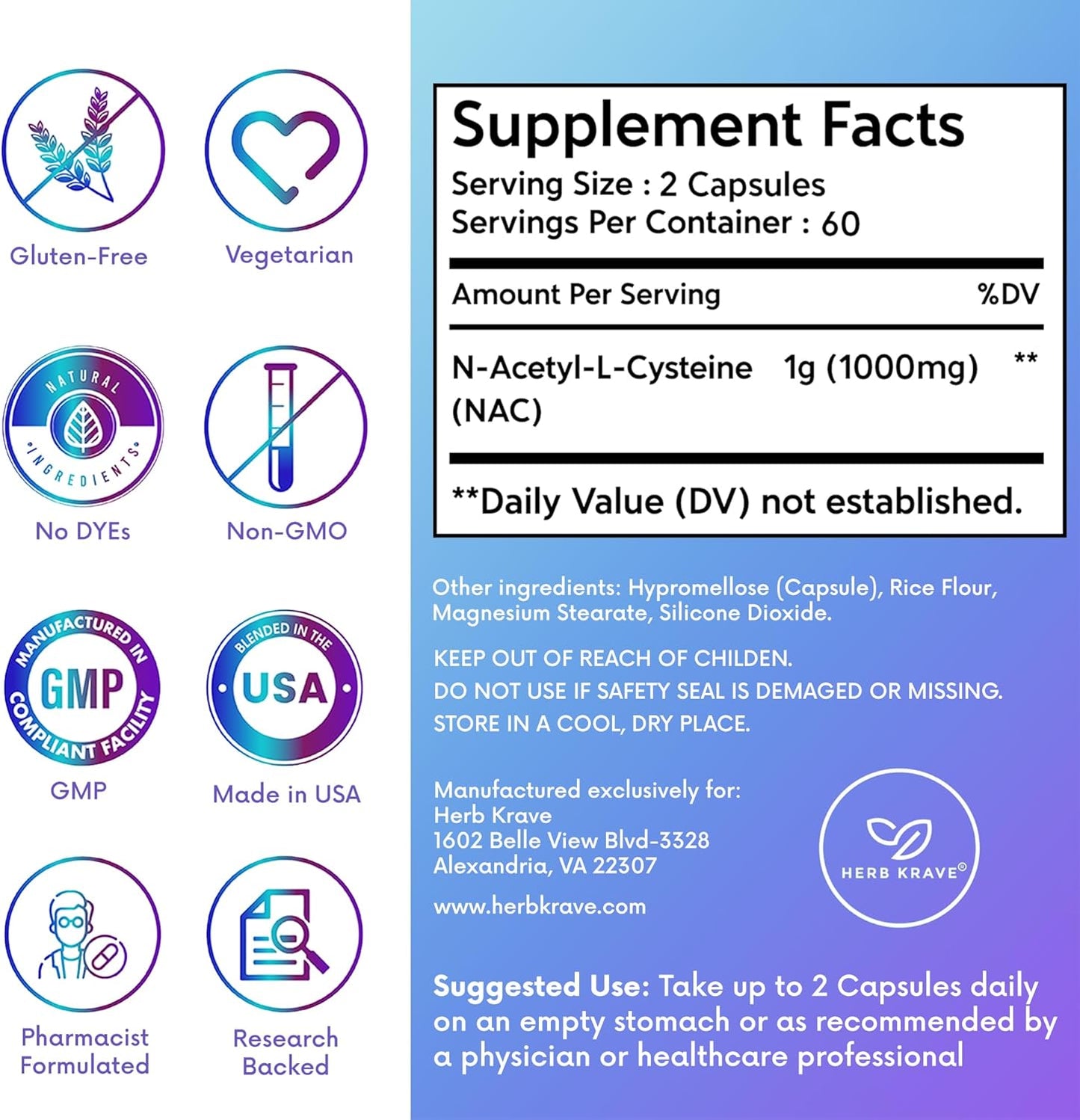 Herb Krave NAC Supplement 1000mg Capsules - Liver, Lung, Immune System Support - Natural Antioxidant for Fertility - 120 N-Acetyl-L-Cysteine Capsules
