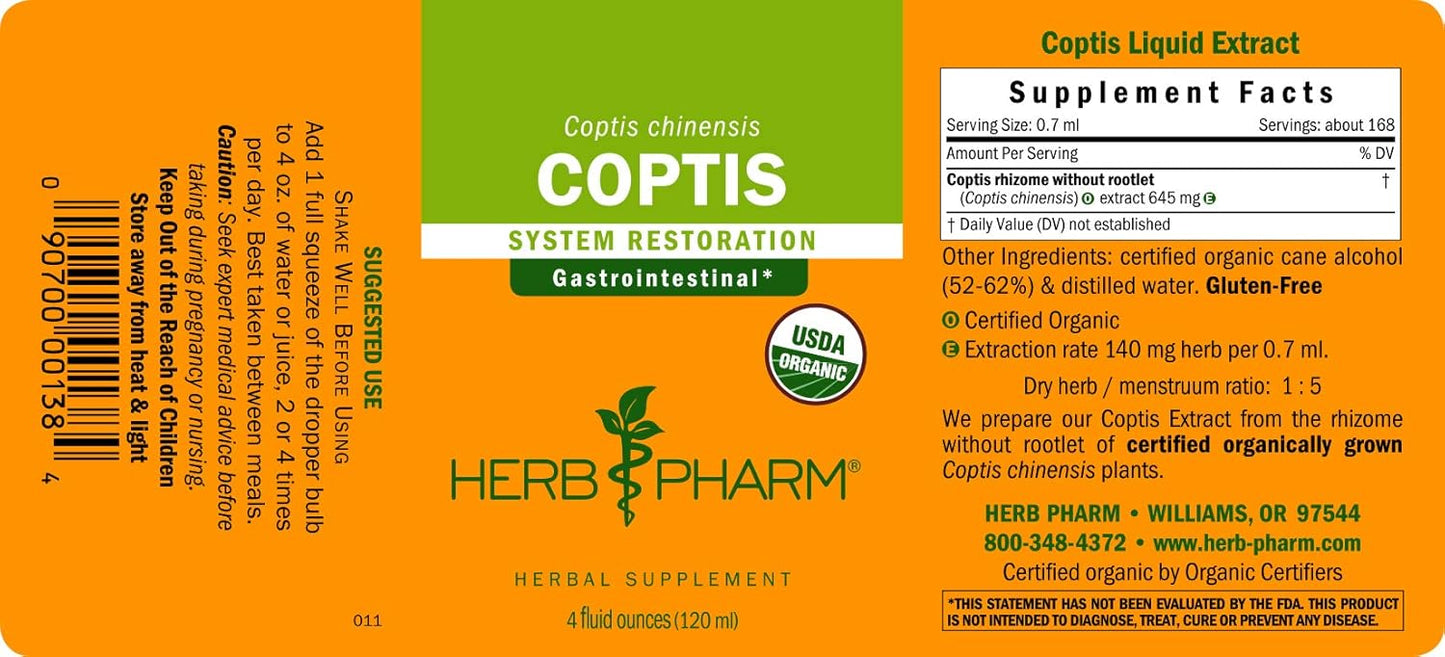 Herb Pharm Coptis Extract 4oz Bottle - Natural Digestive Support Supplement