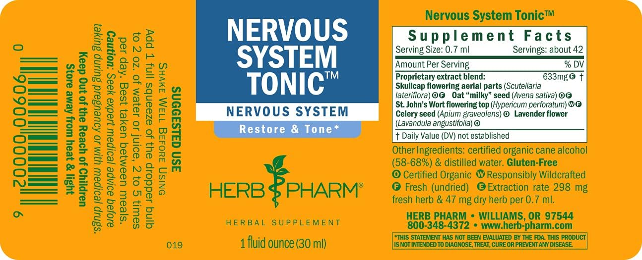 Herb Pharm Nervous System Tonic Liquid Herbal Formula for Strengthening and Calming - 1oz