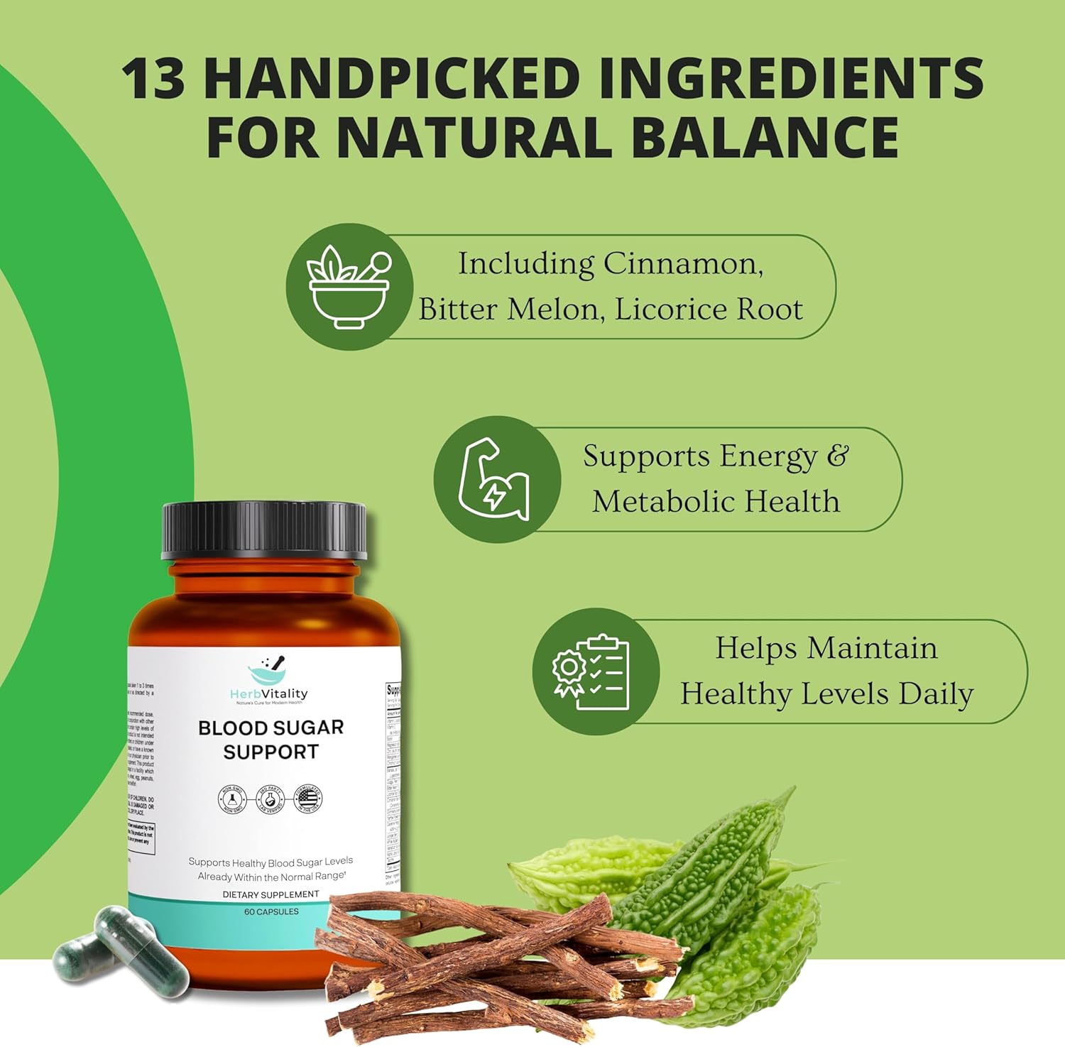 Herb Vitality Blood Sugar Support Supplement with Cinnamon and Bitter Melon - 60 Capsules for Healthy Blood Sugar Levels