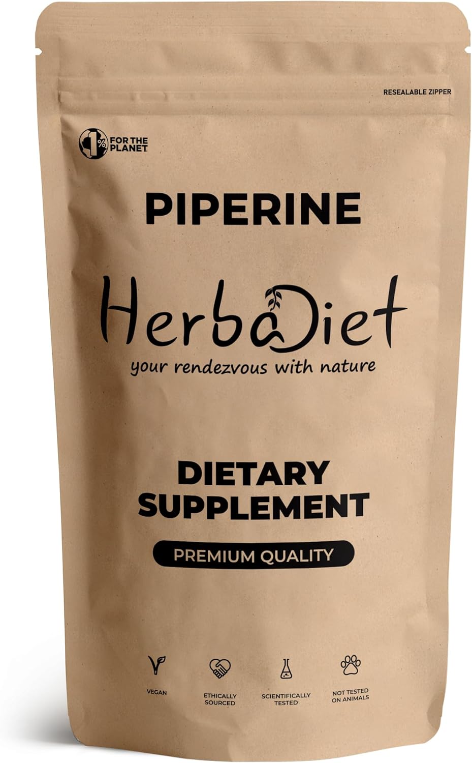 Herbadiet Piperine 95% Powder - Black Pepper Extract 95% (HPLC) - Bioavailability Enhancer for Nutrient Uptake - Gluten-Free, Non-GMO - Bulk Supplement (0.35 oz / 10 gm)