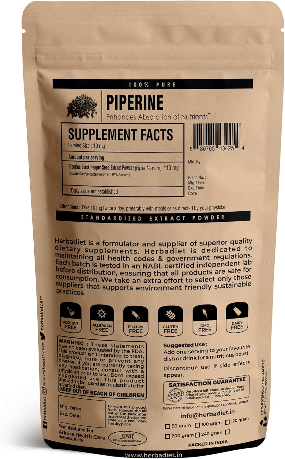 Herbadiet Piperine 95% Powder - Black Pepper Extract 95% (HPLC) - Bioavailability Enhancer for Nutrient Uptake - Gluten-Free, Non-GMO - Bulk Supplement (0.35 oz / 10 gm)