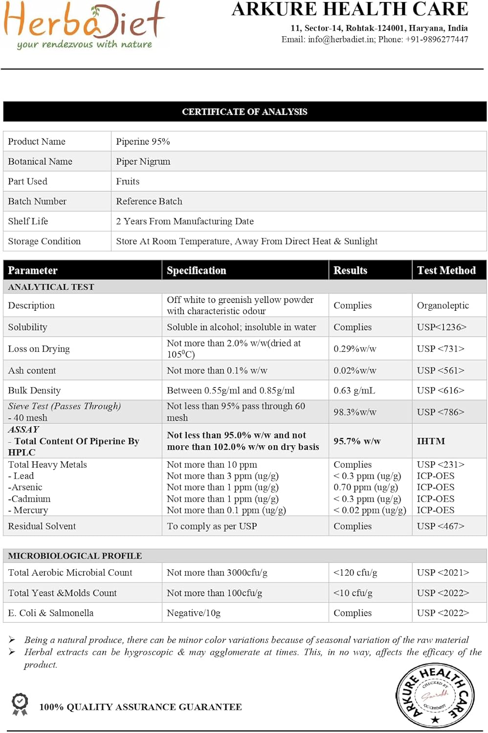 Herbadiet Piperine 95% Powder - Black Pepper Extract 95% (HPLC) - Bioavailability Enhancer for Nutrient Uptake - Gluten-Free, Non-GMO - Bulk Supplement (0.35 oz / 10 gm)