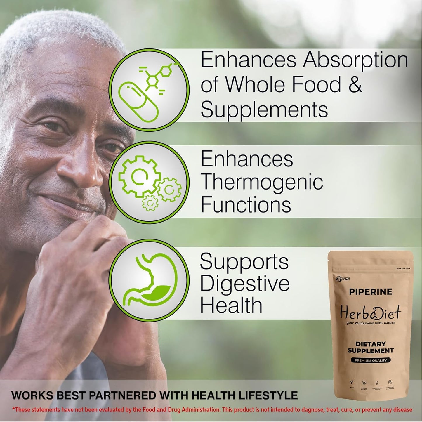 Herbadiet Piperine 95% Powder - Black Pepper Extract 95% (HPLC) - Bioavailability Enhancer for Nutrient Uptake - Gluten-Free, Non-GMO - Bulk Supplement (0.35 oz / 10 gm)