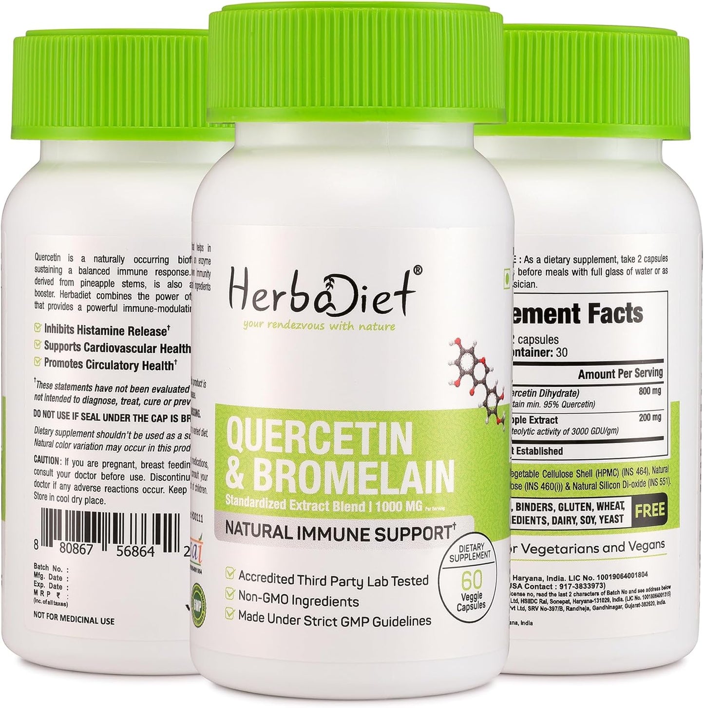 Herbadiet Quercetin with Bromelain 500mg Capsules - Immune & Heart Health Support Supplement (120 Capsules)