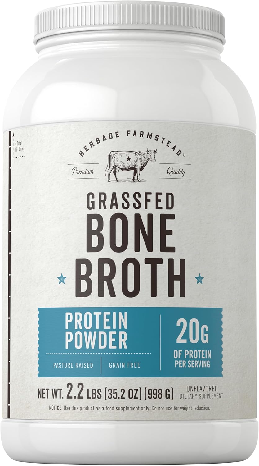 Herbage Farmstead Carlyle Grass Fed Bone Broth Protein Powder - 35.2 oz (2.2lb) - 20g Protein - Pasture Raised, Grain Free - Non-GMO & Gluten Free