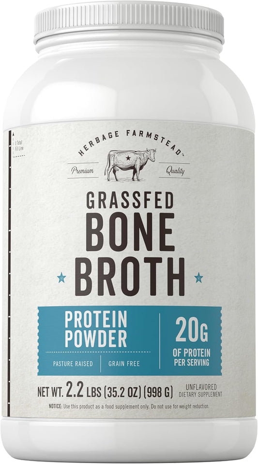 Herbage Farmstead Carlyle Grass Fed Bone Broth Protein Powder - 35.2 oz (2.2lb) - 20g Protein - Pasture Raised, Grain Free - Non-GMO & Gluten Free