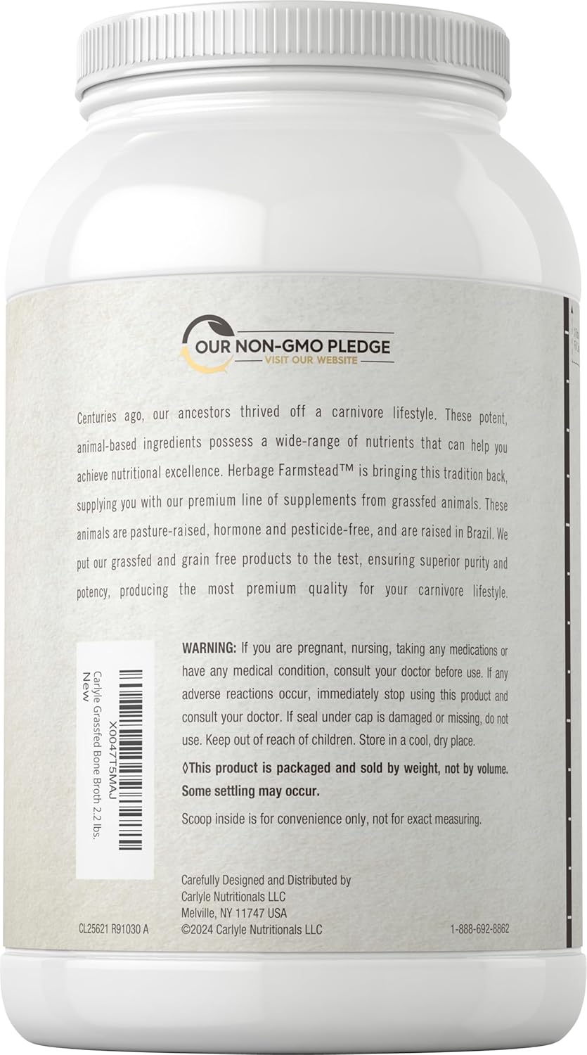 Herbage Farmstead Carlyle Grass Fed Bone Broth Protein Powder - 35.2 oz (2.2lb) - 20g Protein - Pasture Raised, Grain Free - Non-GMO & Gluten Free