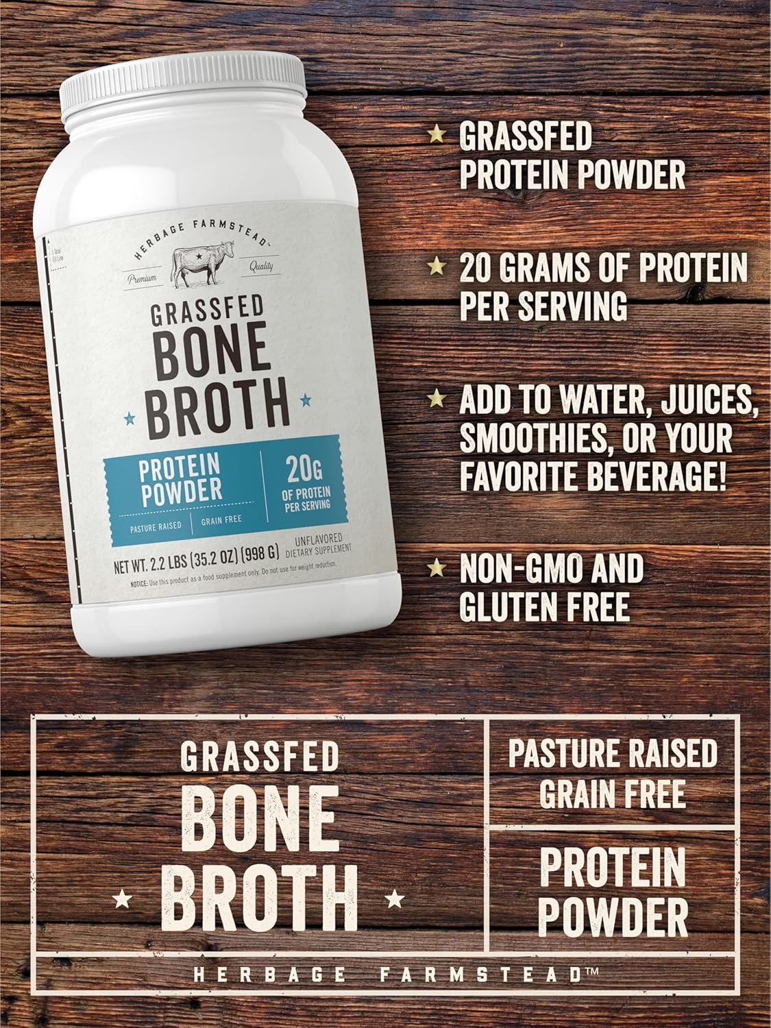 Herbage Farmstead Carlyle Grass Fed Bone Broth Protein Powder - 35.2 oz (2.2lb) - 20g Protein - Pasture Raised, Grain Free - Non-GMO & Gluten Free