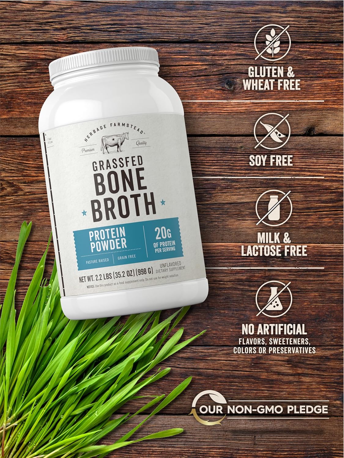 Herbage Farmstead Carlyle Grass Fed Bone Broth Protein Powder - 35.2 oz (2.2lb) - 20g Protein - Pasture Raised, Grain Free - Non-GMO & Gluten Free