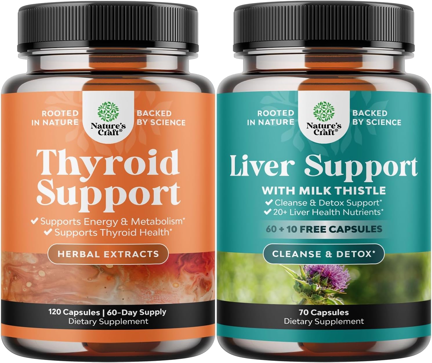 Herbal Adrenal and Thyroid Support Complex Bundle - Energy and Mood Enhancer for Thyroid Health, Liver Cleanse, and Detox - Natural Liver Support Formula