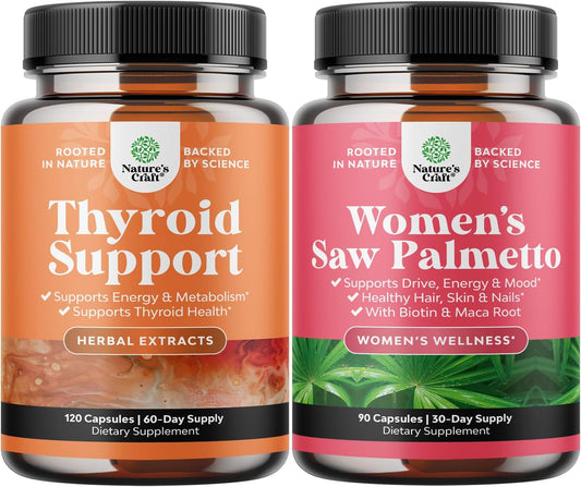 Herbal Adrenal and Thyroid Support Complex Bundle - Natural Mood Enhancer and Energy Supplement for Thyroid Health, with Saw Palmetto for Women's Hair Strength and Thickness