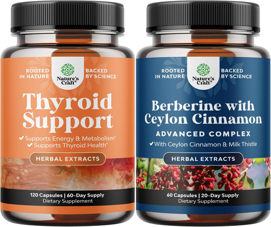 Herbal Adrenal & Thyroid Complex Bundle - Mood & Energy Support for Thyroid Health - Berberine Plus 1200mg for Heart & Sugar Support