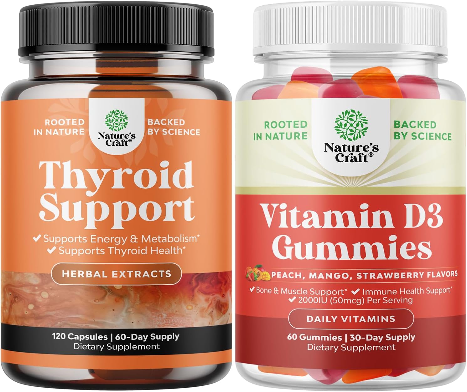 Herbal Adrenal & Thyroid Support Complex + Vitamin D3 Gummies for Daily Wellness - Mood & Energy Supplement for Thyroid Health & Immune Support