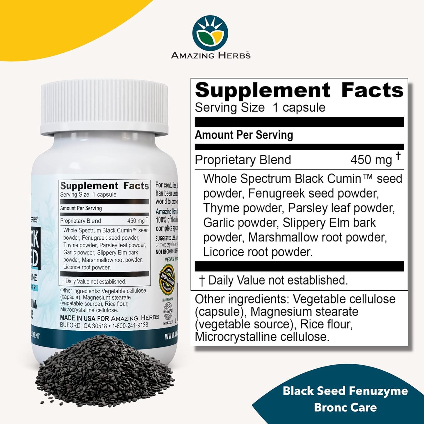Herbal Black Seed Fenuzume Bronc-Care Capsules - Gluten-Free, Non-GMO, Vegan - Boosts Immune System, Enhances Allergy Relief - 60 Count