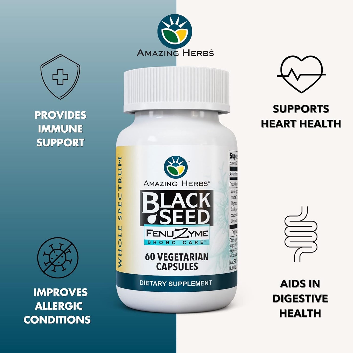 Herbal Black Seed Fenuzume Bronc-Care Capsules - Gluten-Free, Non-GMO, Vegan - Boosts Immune System, Enhances Allergy Relief - 60 Count