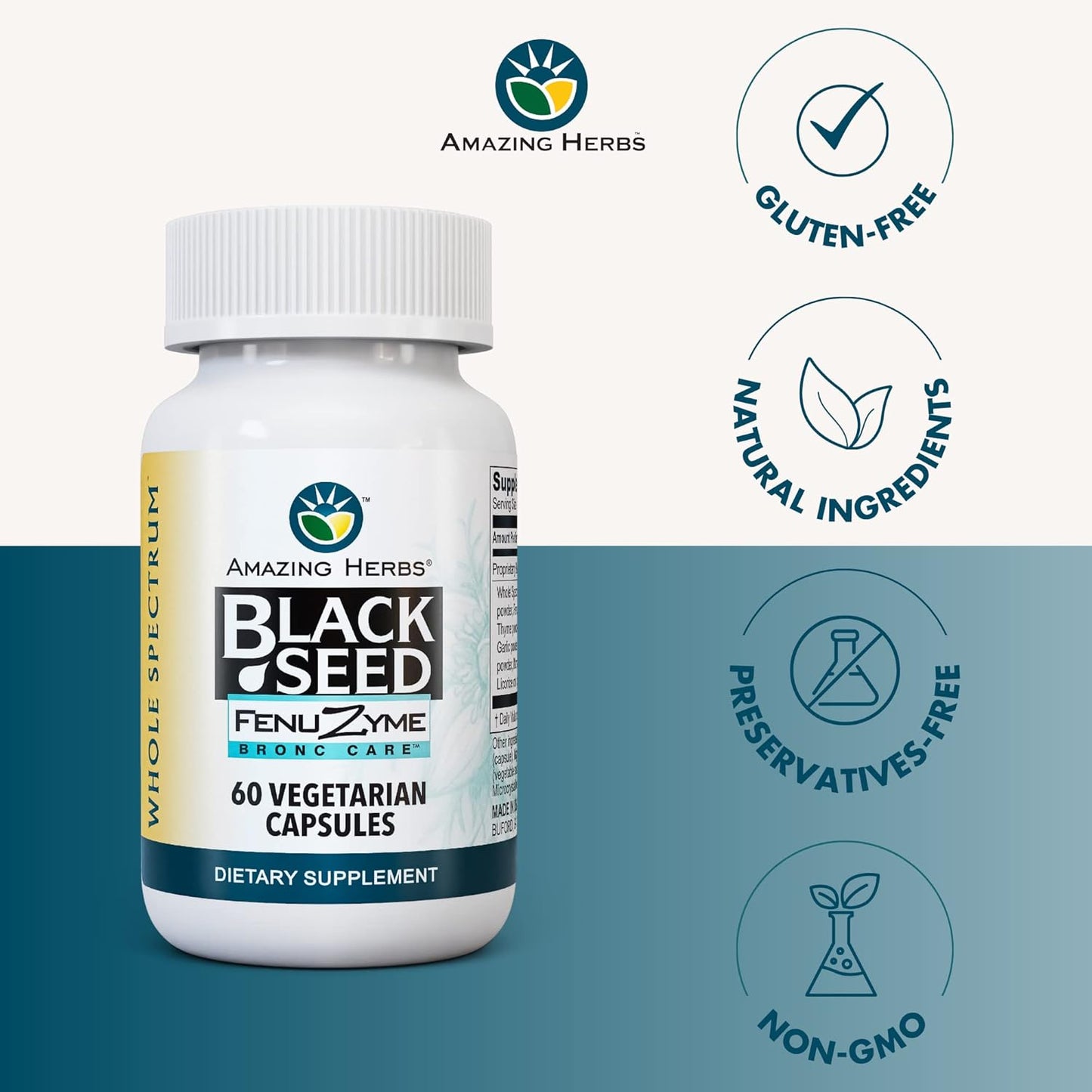 Herbal Black Seed Fenuzume Bronc-Care Capsules - Gluten-Free, Non-GMO, Vegan - Boosts Immune System, Enhances Allergy Relief - 60 Count