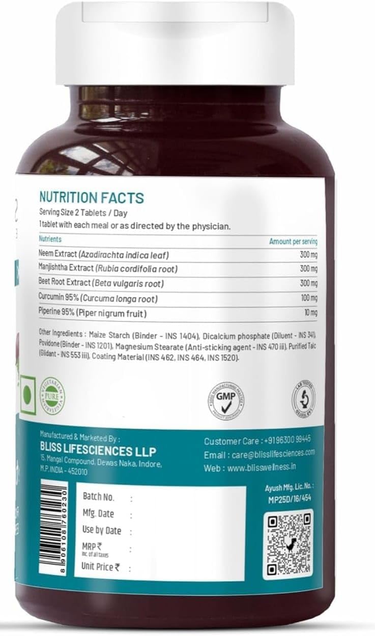 Herbal Blood Purifier with Curcumin, Beetroot, Manjistha & Neem Extracts - Detox & Skin Radiance - 60 Tablets