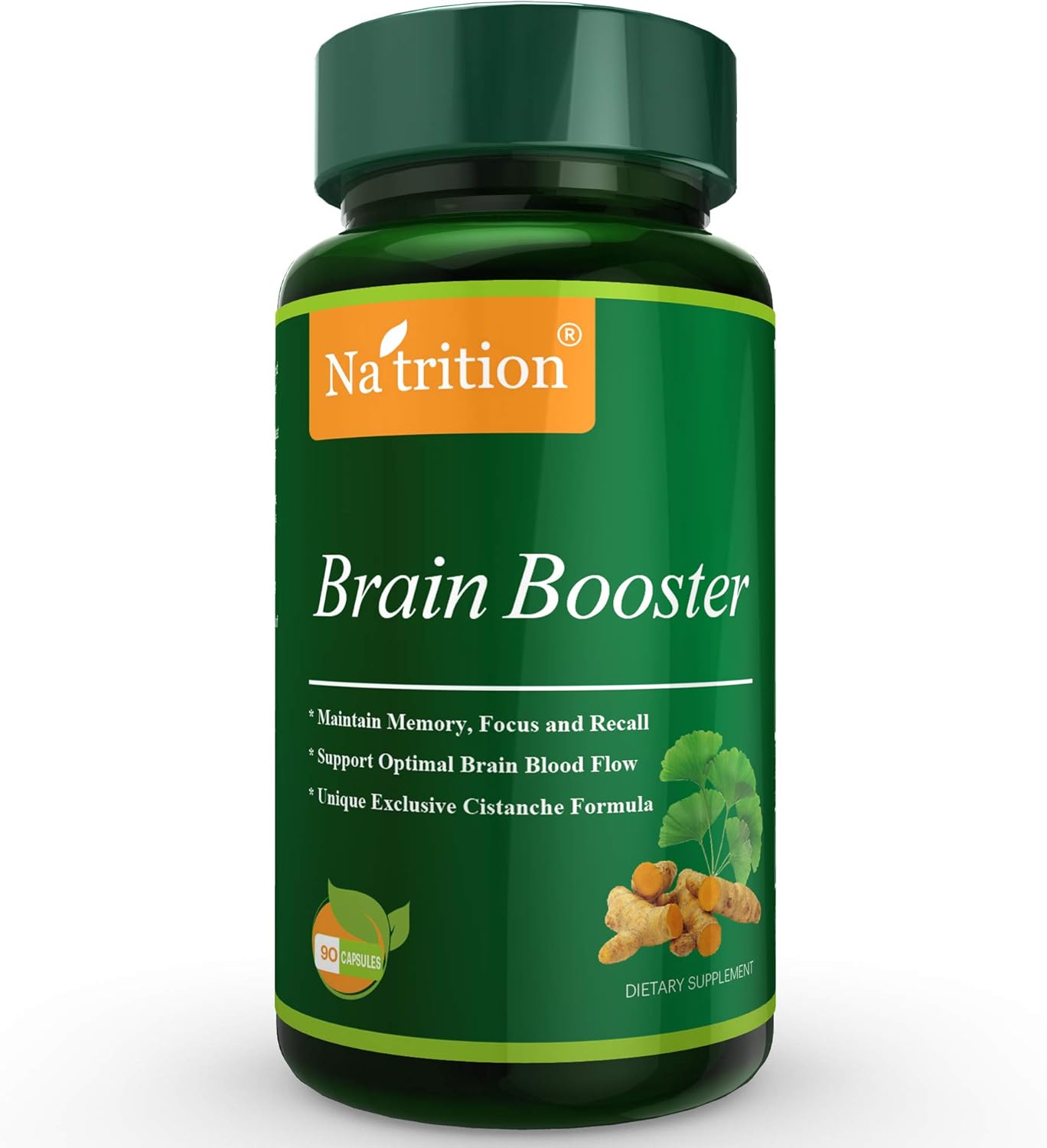 Herbal Brain Booster Supplement for Focus, Memory & Clarity - Nootropic Nutrition Formula with Ginkgo Biloba, Turmeric, Cistanche Tubulosa - 90 Capsules