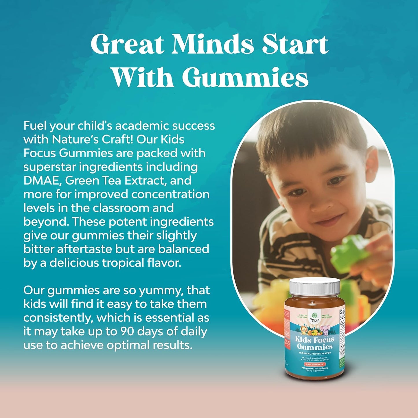 Herbal Brain Support Gummies for Kids - Nootropic Memory & Focus Supplement with Green Tea Extract, B6 & B12 Vitamins - 90 Count