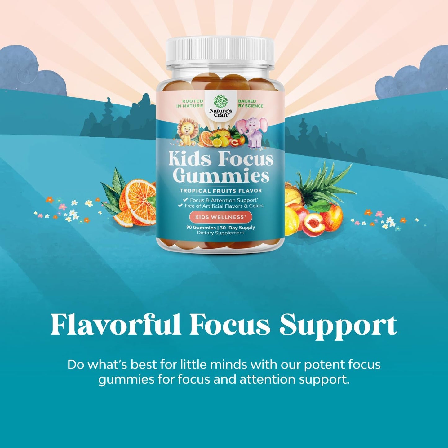 Herbal Brain Support Gummies for Kids - Nootropic Memory & Focus Supplement with Green Tea Extract, B6 & B12 Vitamins - 90 Count