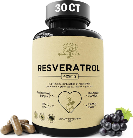 Herbal Garden of Herbz Quercetin & Resveratrol Supplement with Grape Seed - 425mg Antioxidant & Wellness Support - Polyphenols & Nutrients for General Health, 30 Count