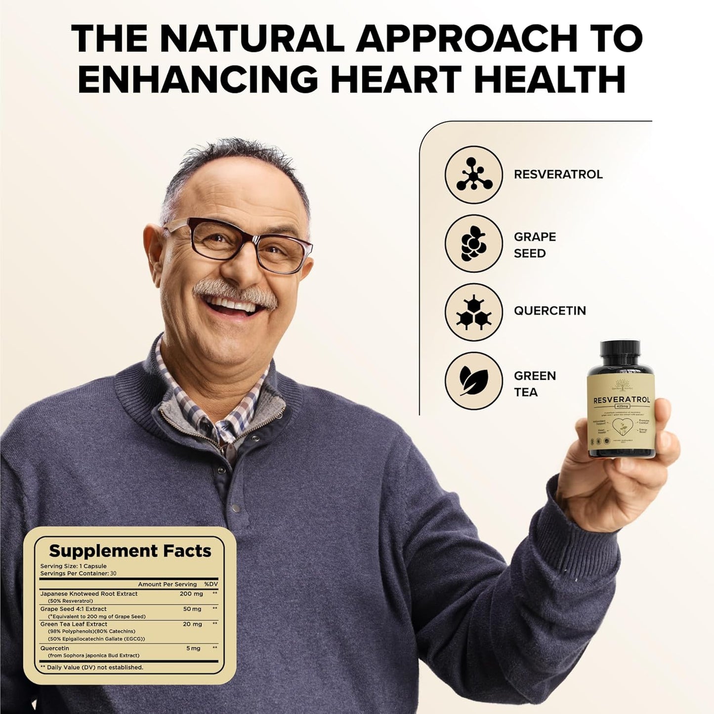 Herbal Garden of Herbz Quercetin & Resveratrol Supplement with Grape Seed - 425mg Antioxidant & Wellness Support - Polyphenols & Nutrients for General Health, 30 Count