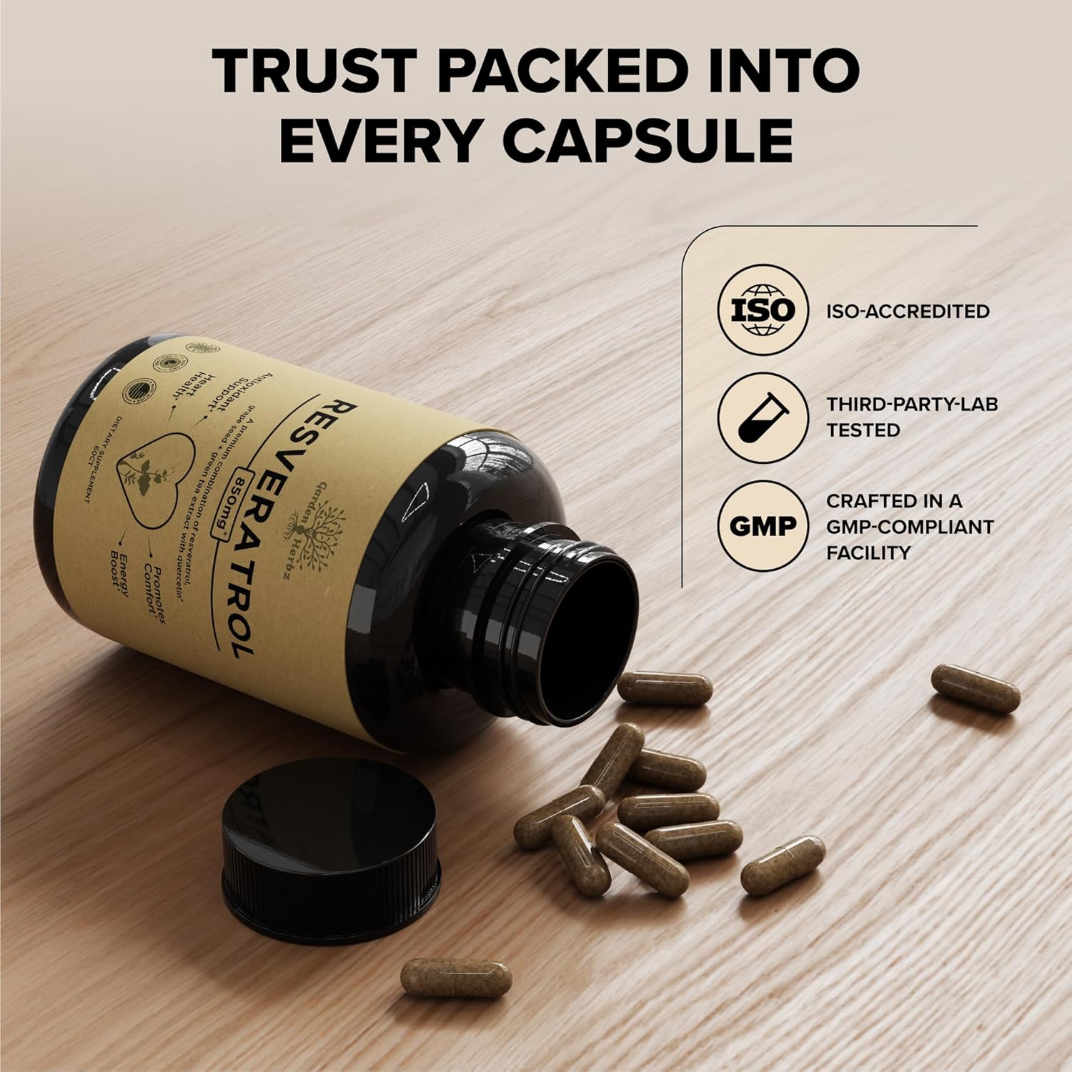 Herbal Garden of Herbz Quercetin & Resveratrol Supplement with Grape Seed - 425mg Antioxidant & Wellness Support - Polyphenols & Nutrients for General Health, 30 Count