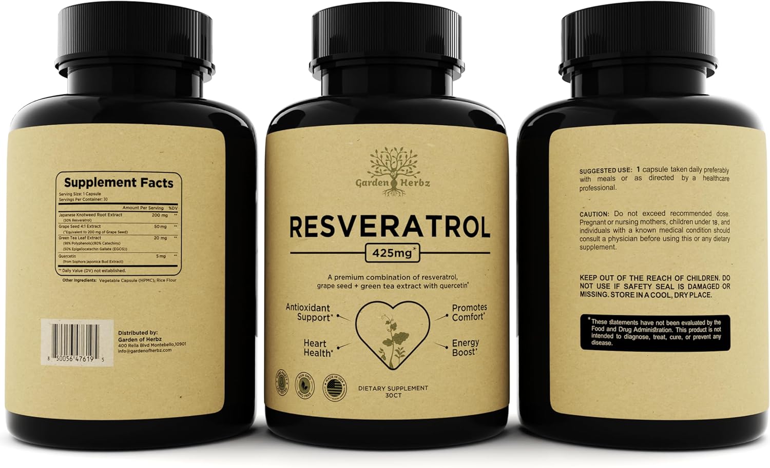 Herbal Garden of Herbz Quercetin & Resveratrol Supplement with Grape Seed - 425mg Antioxidant & Wellness Support - Polyphenols & Nutrients for General Health, 30 Count