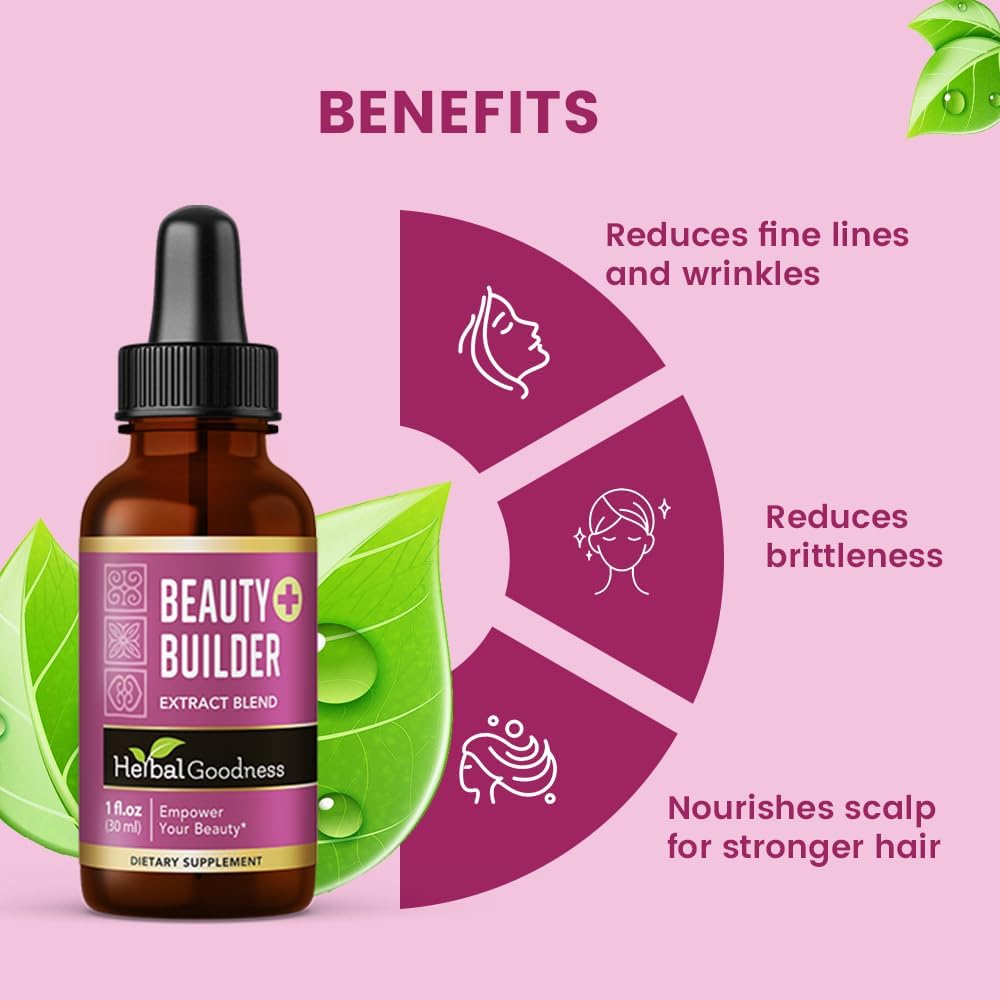 Herbal Goodness Beauty Builder - Collagen, Biotin, and Hyaluronic Acid for Women - Hair Growth, Skin Hydration, Nail Support - Anti-Aging Beauty Booster - 1oz with Marigold & Guava Leaf