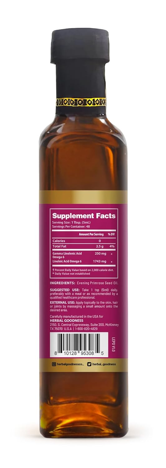 Herbal Goodness Evening Primrose Oil 8oz - Cold-Pressed, High GLA Supplement for Hormone Balance, Skin, Hair, Joint, & Heart Health - Pure, Non-GMO Oil
