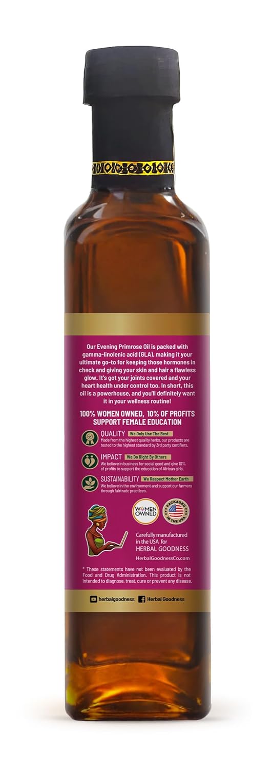Herbal Goodness Evening Primrose Oil 8oz - Cold-Pressed, High GLA Supplement for Hormone Balance, Skin, Hair, Joint, & Heart Health - Pure, Non-GMO Oil