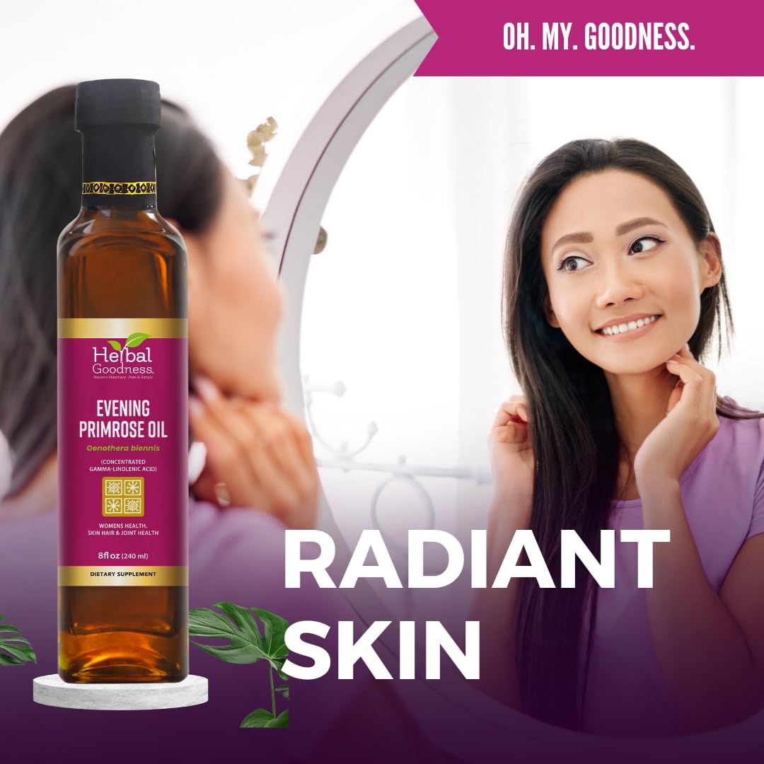 Herbal Goodness Evening Primrose Oil 8oz - Cold-Pressed, High GLA Supplement for Hormone Balance, Skin, Hair, Joint, & Heart Health - Pure, Non-GMO Oil