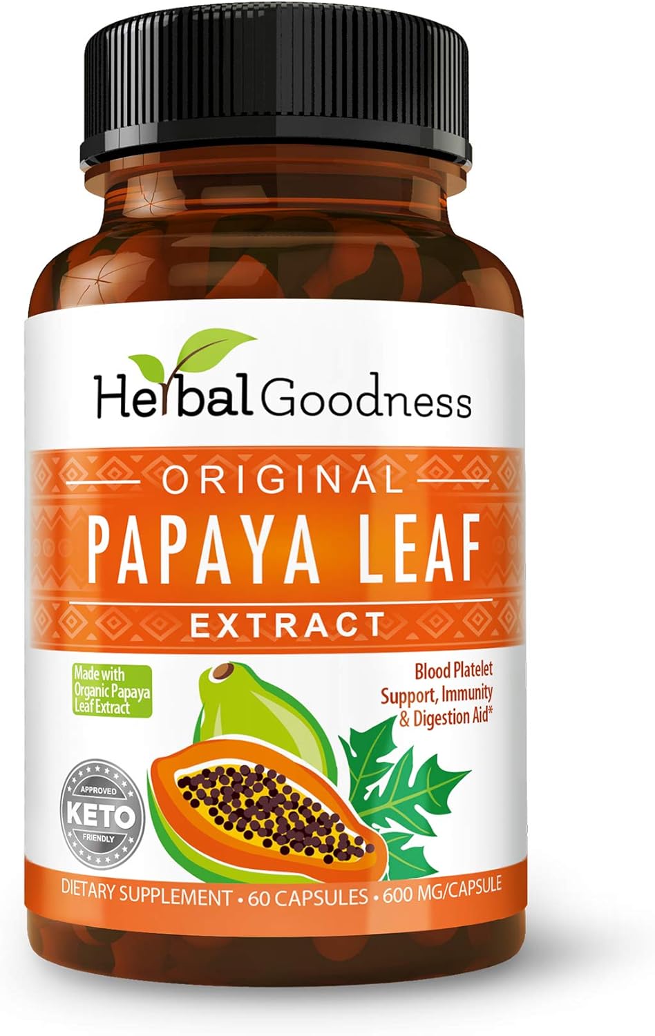 Herbal Goodness Papaya Leaf Extract Digestive Enzymes - 10X Strength 60/600mg Veg Capsules for Blood Platelet, Bone Marrow & Spleen Support - Immune Gut & Digestive Health Supplement - USA Made