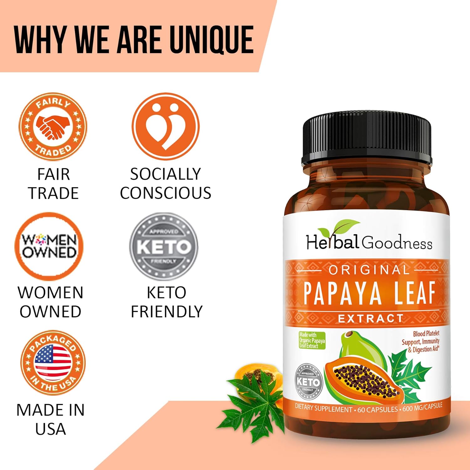 Herbal Goodness Papaya Leaf Extract Digestive Enzymes - 10X Strength 60/600mg Veg Capsules for Blood Platelet, Bone Marrow & Spleen Support - Immune Gut & Digestive Health Supplement - USA Made