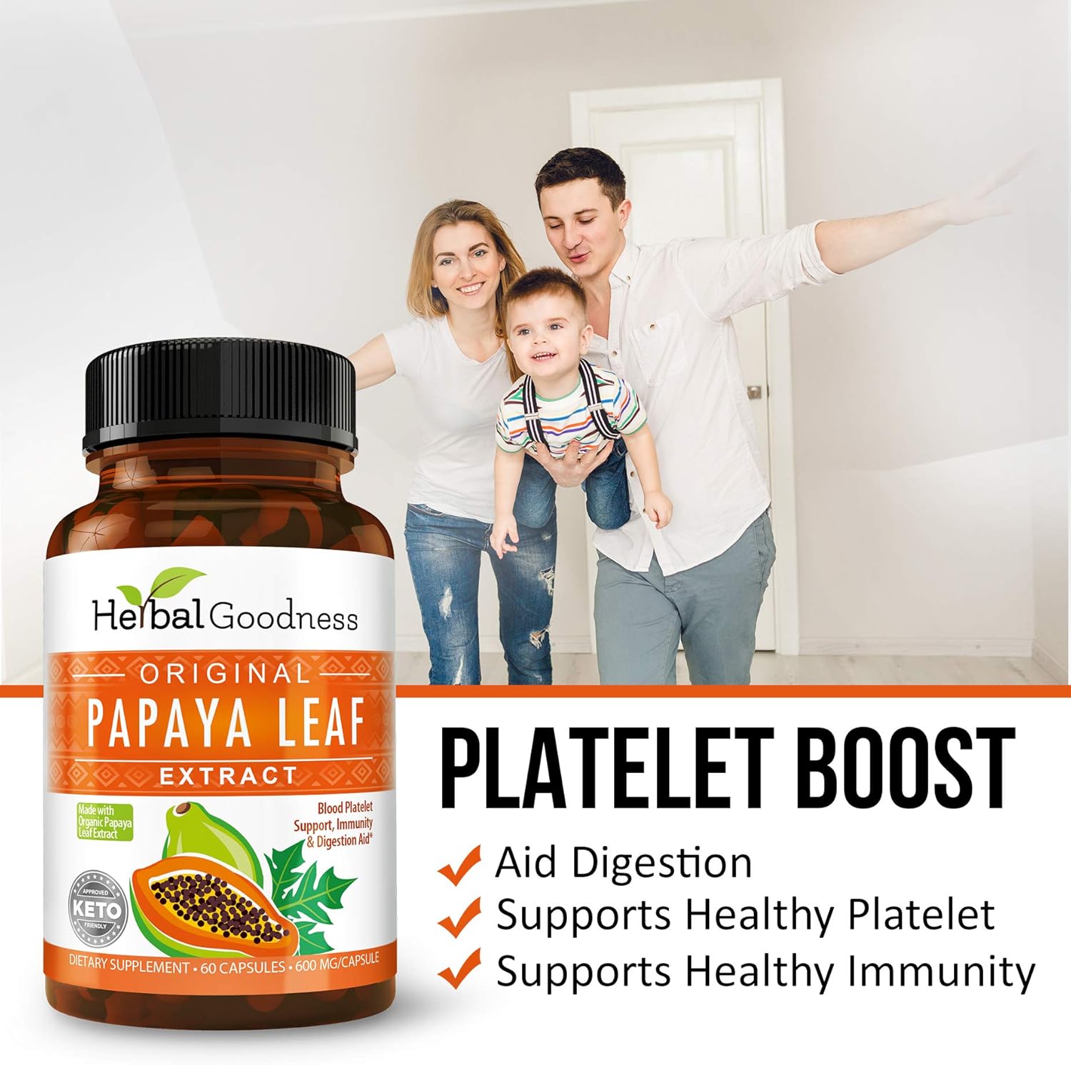 Herbal Goodness Papaya Leaf Extract Digestive Enzymes - 10X Strength 60/600mg Veg Capsules for Blood Platelet, Bone Marrow & Spleen Support - Immune Gut & Digestive Health Supplement - USA Made