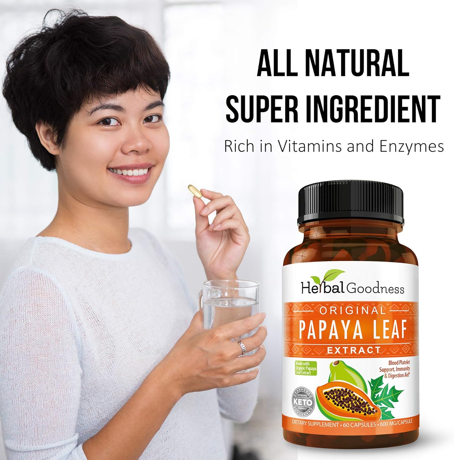 Herbal Goodness Papaya Leaf Extract Digestive Enzymes - 10X Strength 60/600mg Veg Capsules for Blood Platelet, Bone Marrow & Spleen Support - Immune Gut & Digestive Health Supplement - USA Made