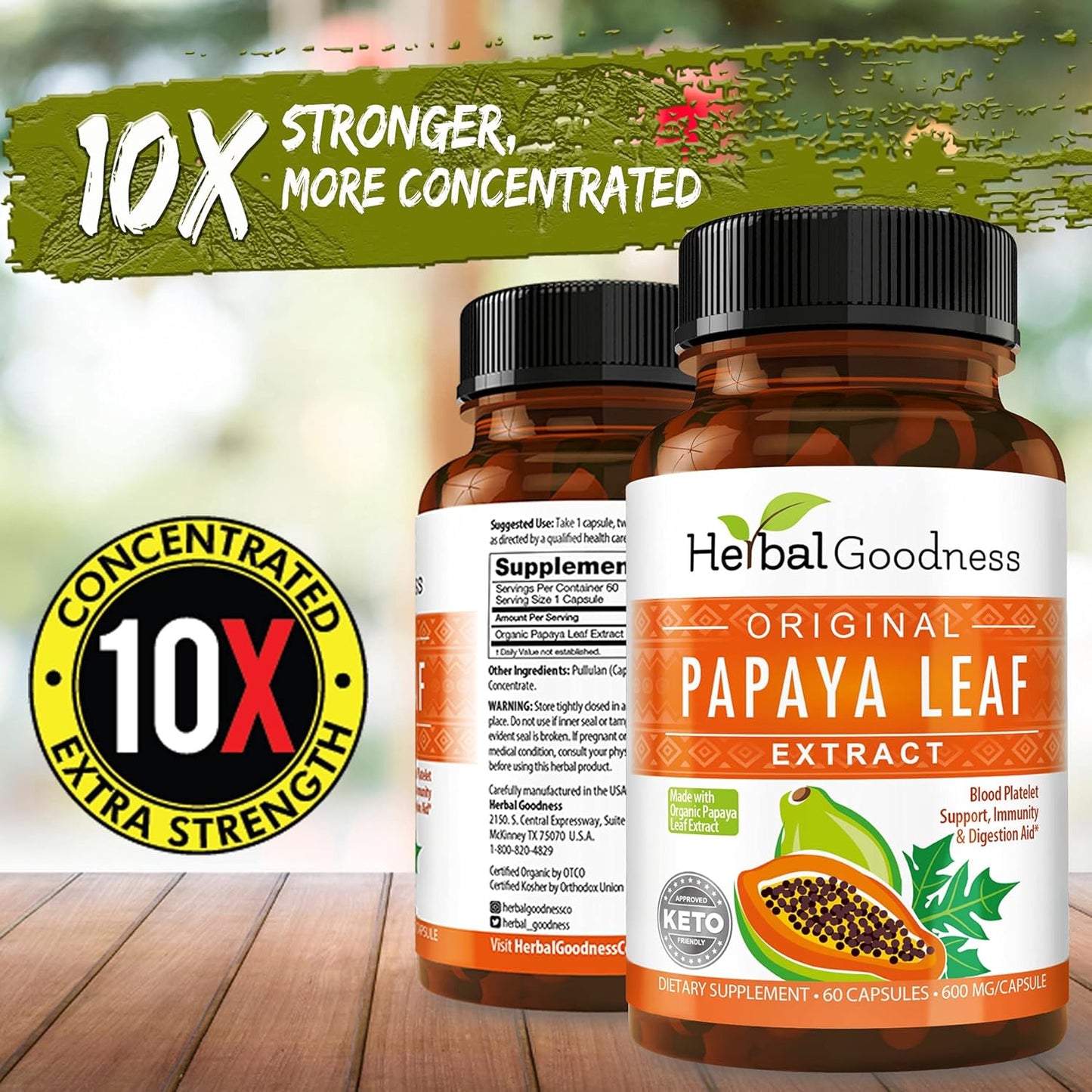 Herbal Goodness Papaya Leaf Extract Digestive Enzymes - 10X Strength 60/600mg Veg Capsules for Blood Platelet, Bone Marrow & Spleen Support - Immune Gut & Digestive Health Supplement - USA Made