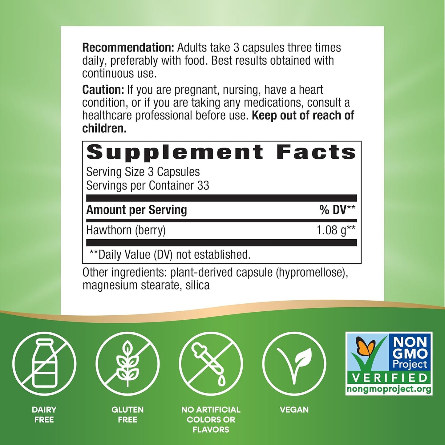 Herbal Hawthorn Berries Vegan Capsules for Heart Health Support - 100 Count