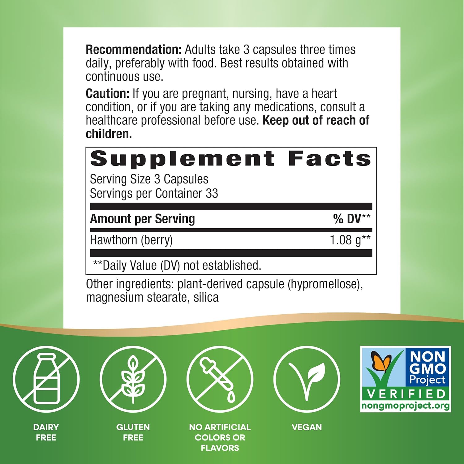 Herbal Hawthorn Berries Vegan Capsules for Heart Health Support - 100 Count